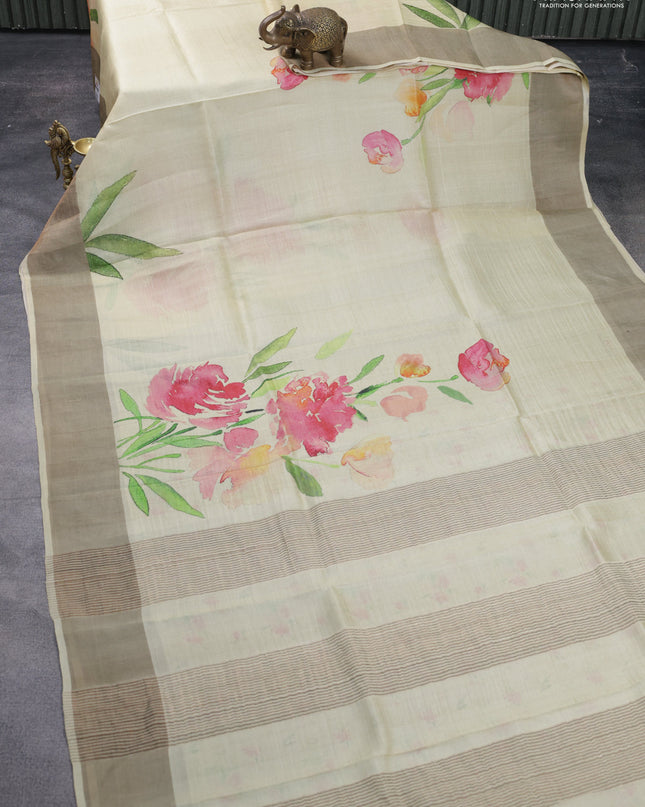 Pure tussar silk saree pale yellow with floral digital prints and zari woven border