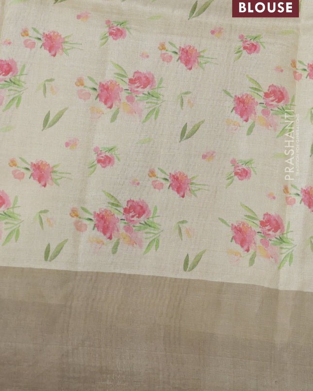 Pure tussar silk saree pale yellow with floral digital prints and zari woven border