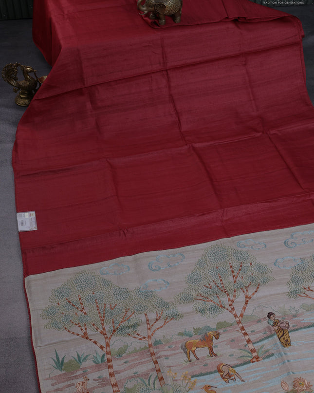 Pure tussar silk saree maroon and cream with plain body and embroidery work pallu