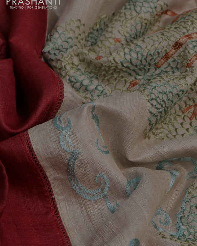 Pure tussar silk saree maroon and cream with plain body and embroidery work pallu