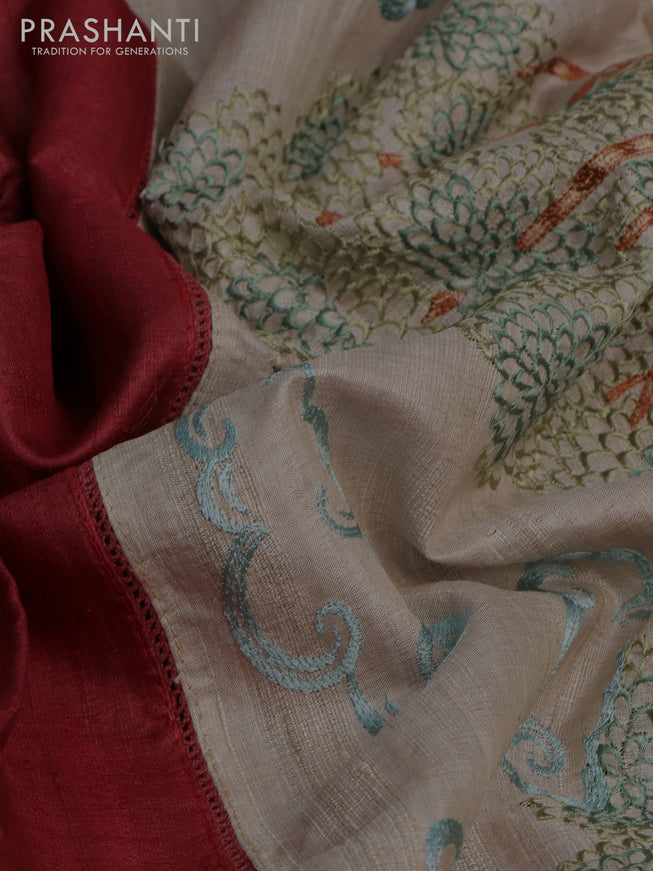 Pure tussar silk saree maroon and cream with plain body and embroidery work pallu