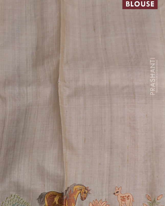 Pure tussar silk saree maroon and cream with plain body and embroidery work pallu