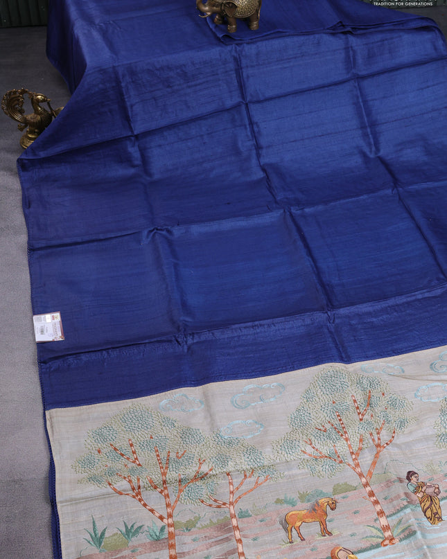 Pure tussar silk saree blue and cream with plain body and embroidery work pallu