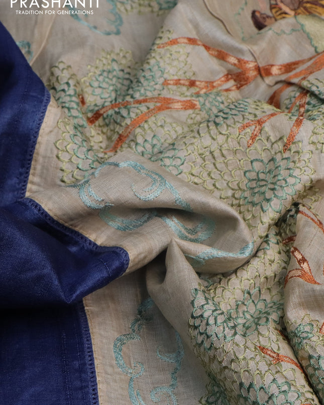 Pure tussar silk saree blue and cream with plain body and embroidery work pallu