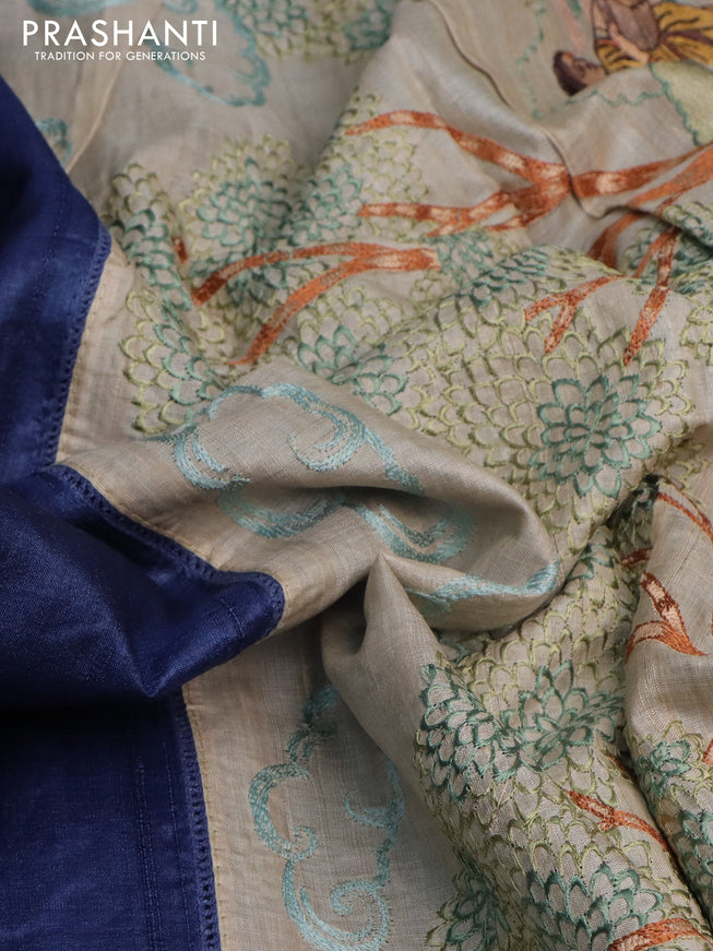 Pure tussar silk saree blue and cream with plain body and embroidery work pallu