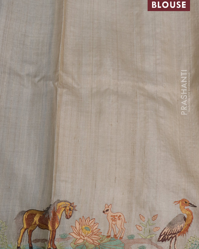 Pure tussar silk saree blue and cream with plain body and embroidery work pallu