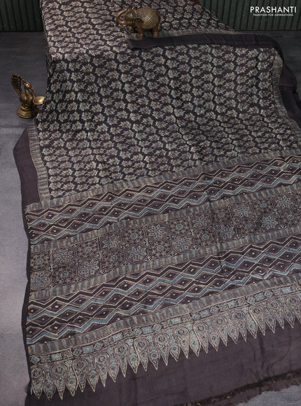 Printed silk saree grey shade with allover ajrakh prints and simple border