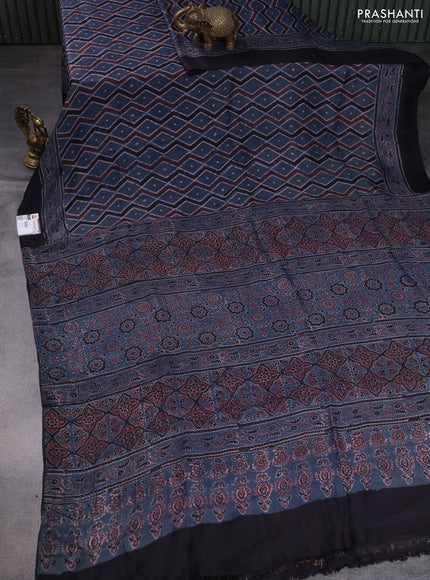 Printed silk saree blue and black with allover ajrakh prints and simple border