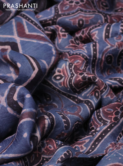 Printed silk saree blue and black with allover ajrakh prints and simple border