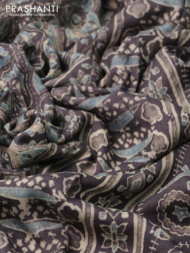 Printed silk saree grey shade with allover ajrakh prints and simple border