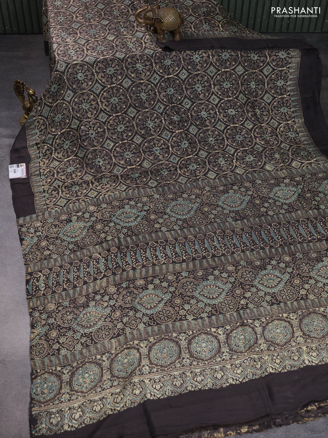 Printed silk saree grey shade with allover ajrakh prints and simple border