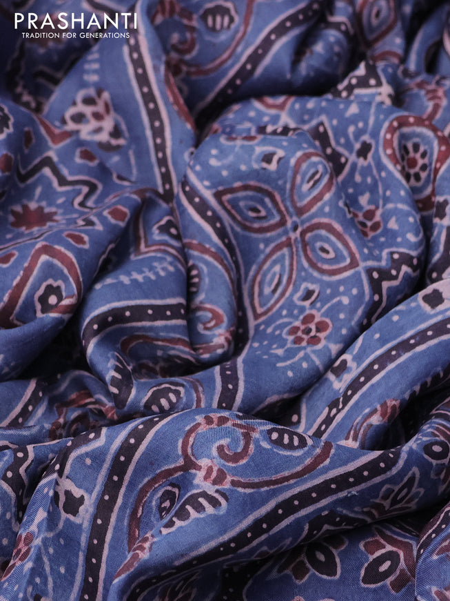 Printed silk saree blue and coffee brown with allover ajrakh prints and simple border