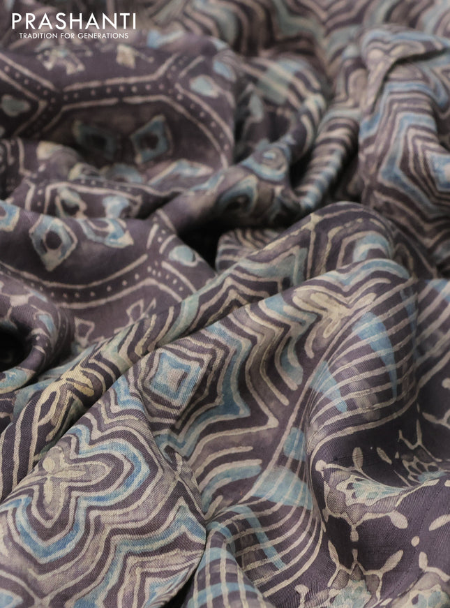 Printed silk saree grey shade with allover ajrakh prints and simple border
