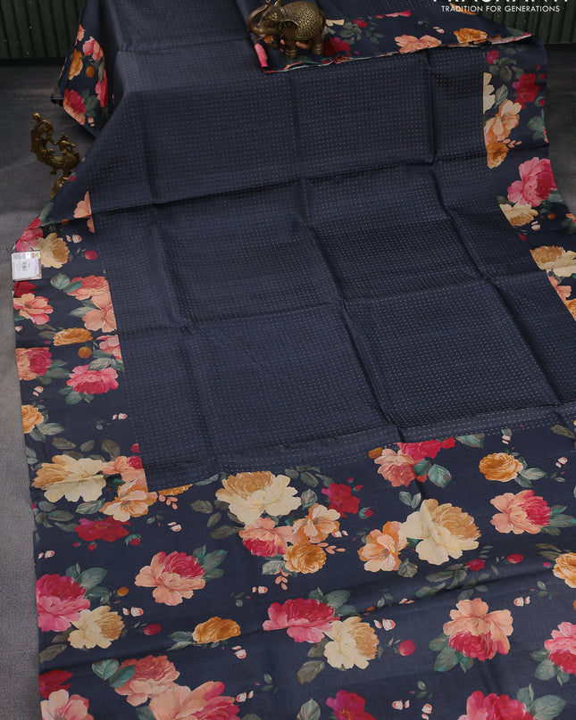 Pure tussar silk saree dark grey with allover zari weaves and floral digital printed border