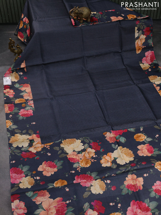 Pure tussar silk saree dark grey with allover zari weaves and floral digital printed border