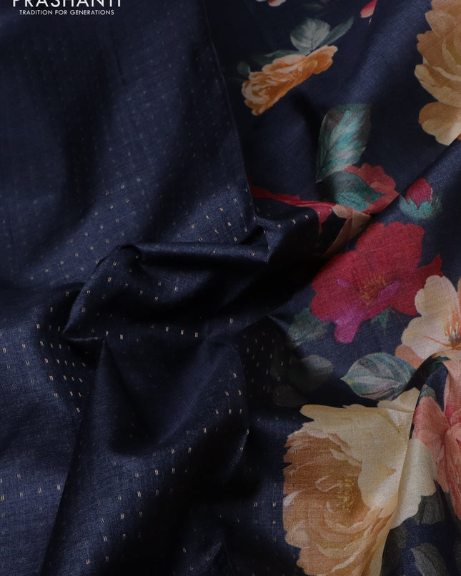Pure tussar silk saree dark grey with allover zari weaves and floral digital printed border