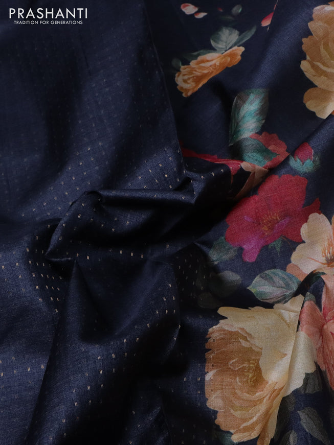 Pure tussar silk saree dark grey with allover zari weaves and floral digital printed border