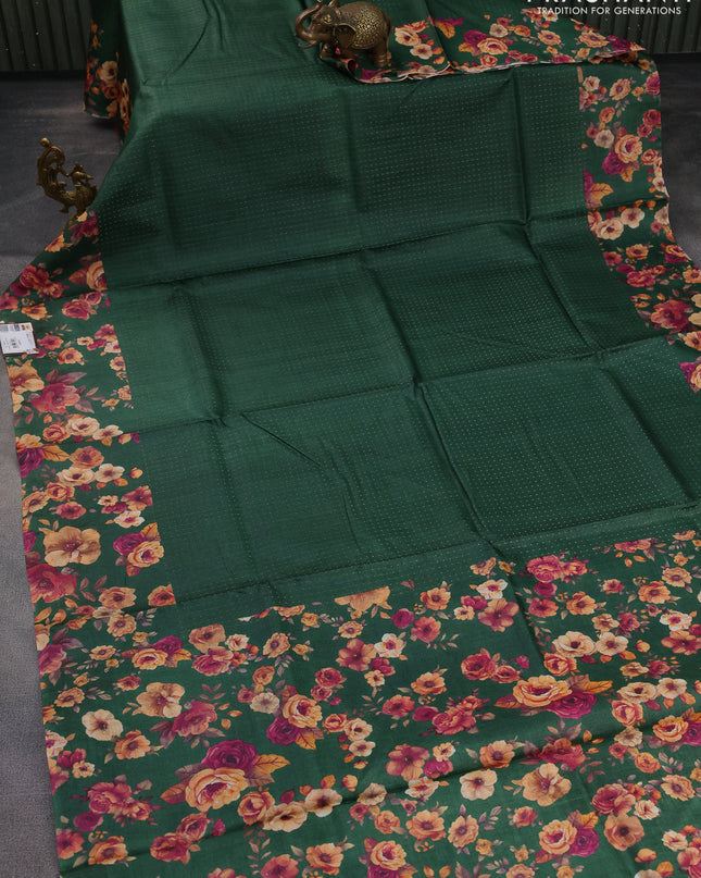 Pure tussar silk saree green with allover zari weaves and floral digital printed border