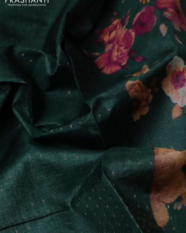 Pure tussar silk saree green with allover zari weaves and floral digital printed border