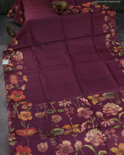 Pure tussar silk saree wine shade with allover zari weaves and floral digital printed border