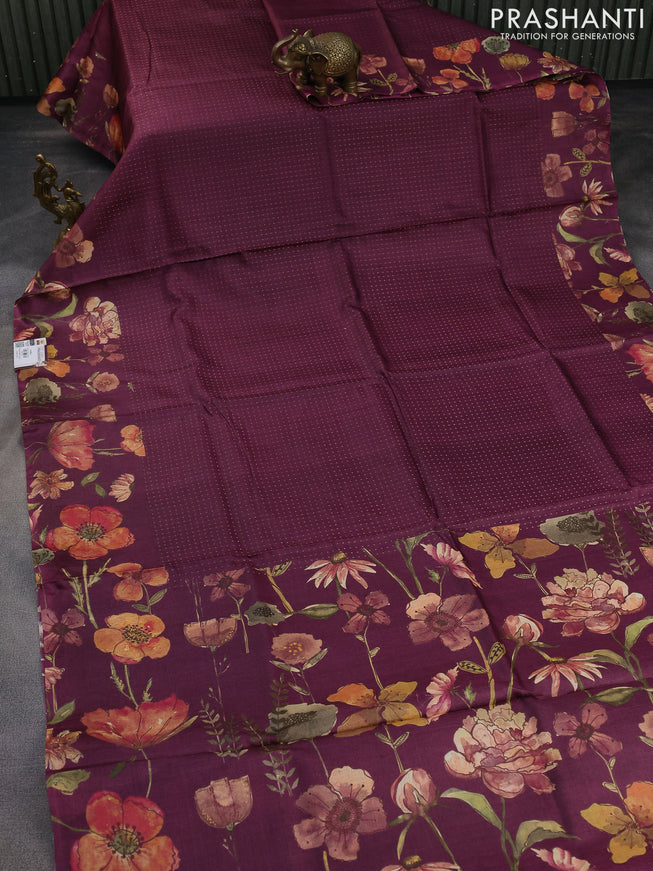 Pure tussar silk saree wine shade with allover zari weaves and floral digital printed border