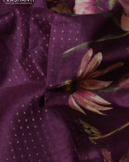 Pure tussar silk saree wine shade with allover zari weaves and floral digital printed border