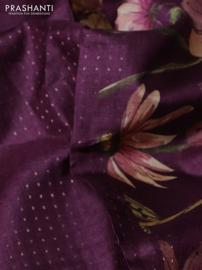 Pure tussar silk saree wine shade with allover zari weaves and floral digital printed border