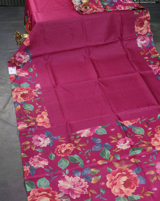 Pure tussar silk saree pink with allover zari weaves and floral digital printed border