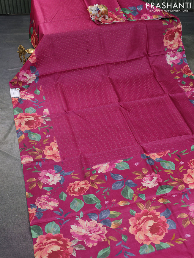 Pure tussar silk saree pink with allover zari weaves and floral digital printed border