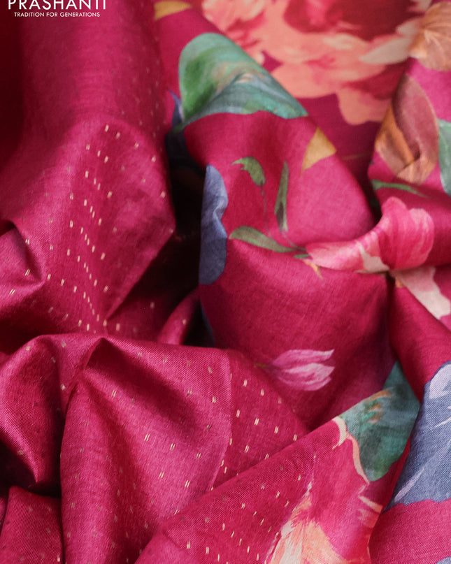Pure tussar silk saree pink with allover zari weaves and floral digital printed border