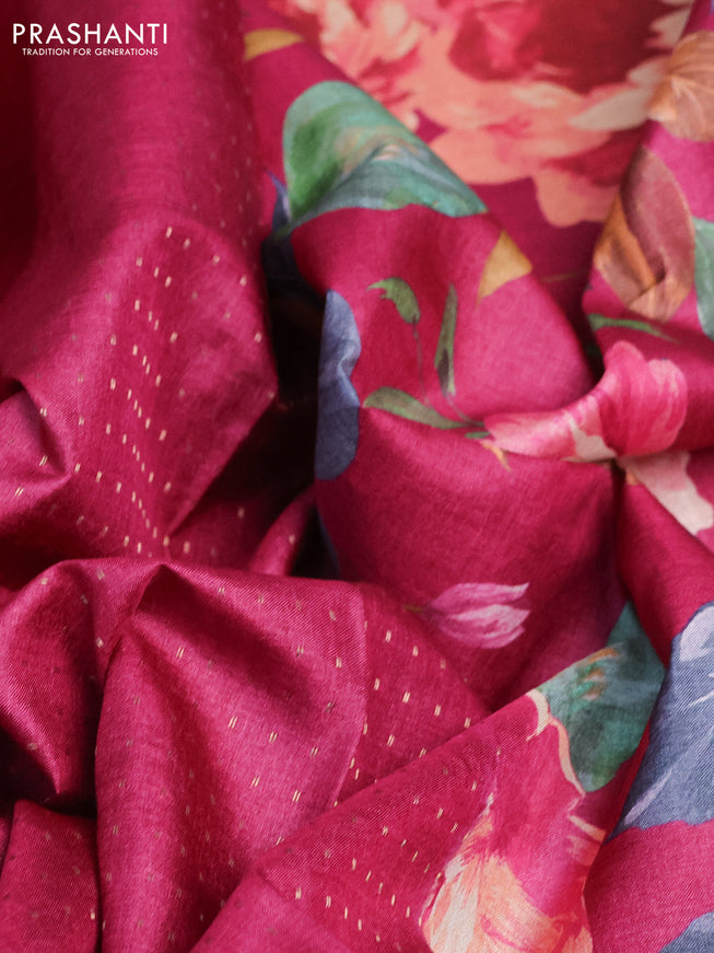 Pure tussar silk saree pink with allover zari weaves and floral digital printed border