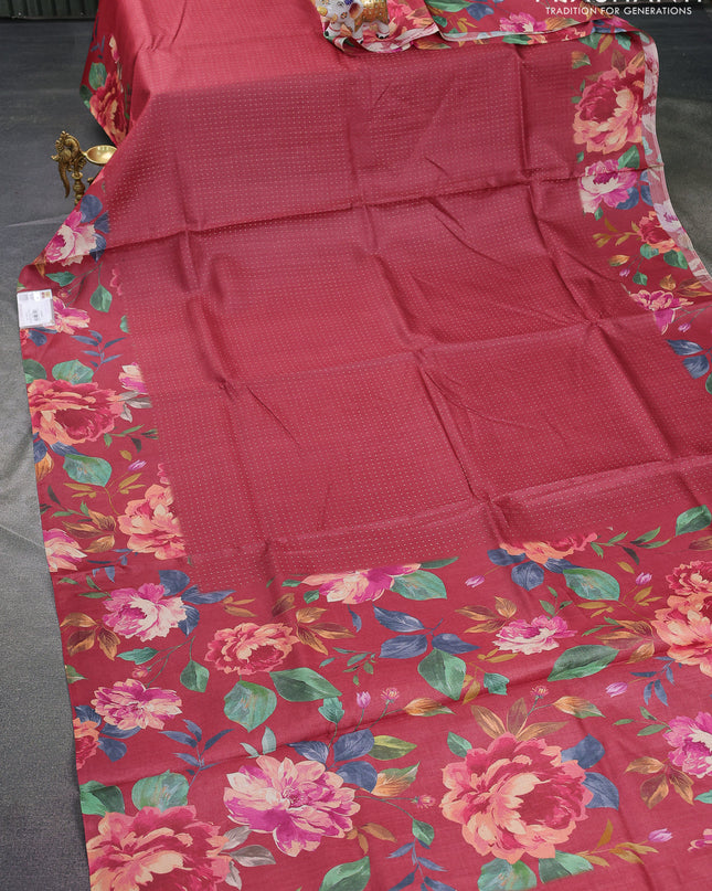 Pure tussar silk saree maroon with allover zari weaves and floral digital printed border
