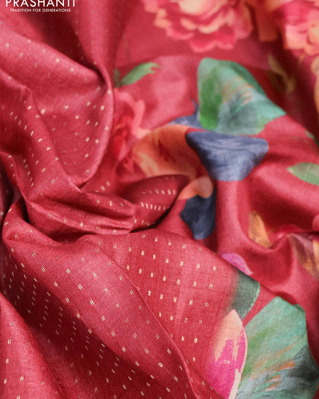 Pure tussar silk saree maroon with allover zari weaves and floral digital printed border