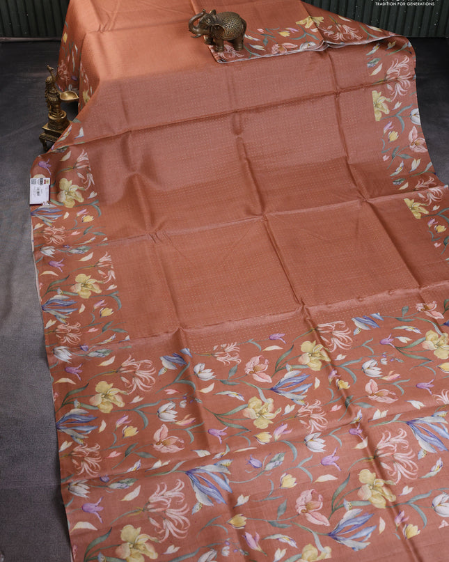 Pure tussar silk saree rust shade with allover zari weaves and floral digital printed border