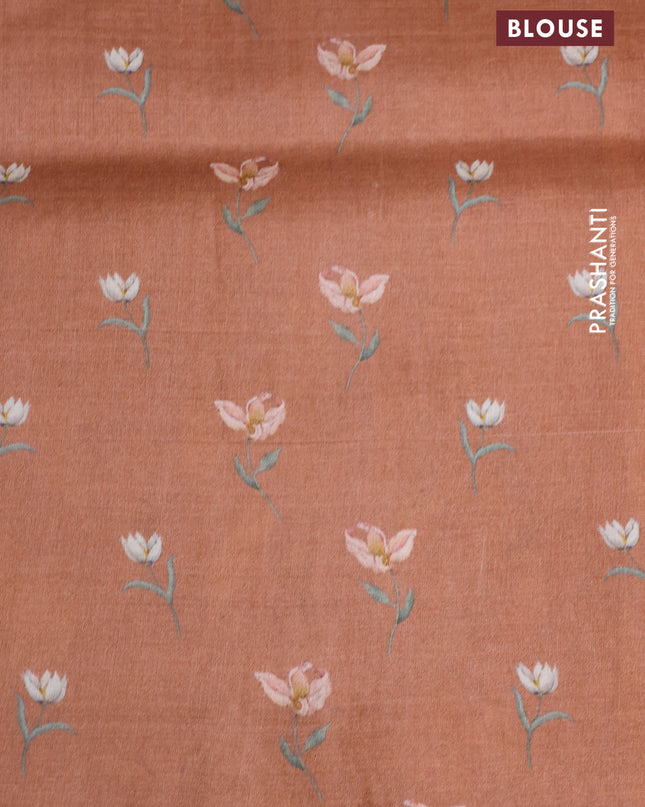 Pure tussar silk saree rust shade with allover zari weaves and floral digital printed border