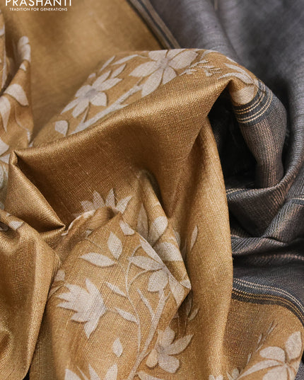 Pure tussar silk saree sandal and black with floral digital prints and temple design zari checked border