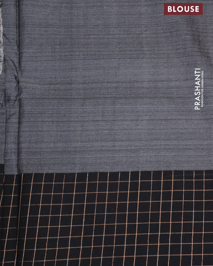 Pure tussar silk saree sandal and black with floral digital prints and temple design zari checked border