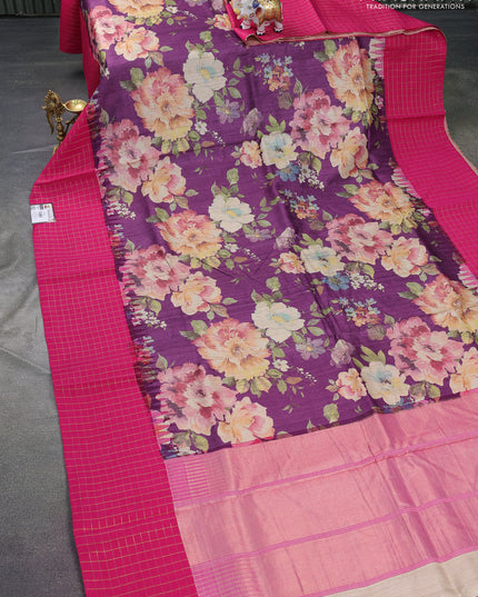 Pure tussar silk saree purple and pink with floral digital prints and temple design zari checked border