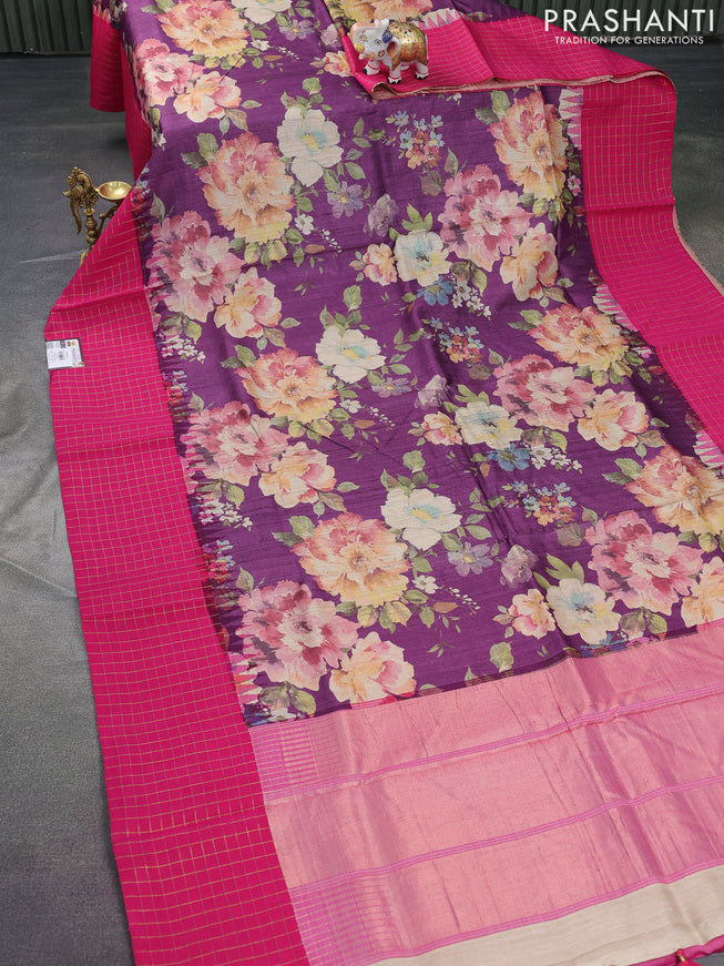 Pure tussar silk saree purple and pink with floral digital prints and temple design zari checked border