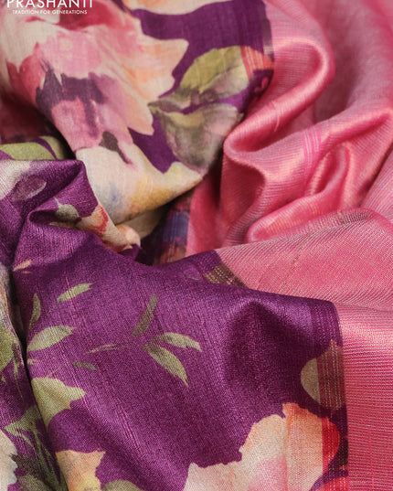 Pure tussar silk saree purple and pink with floral digital prints and temple design zari checked border