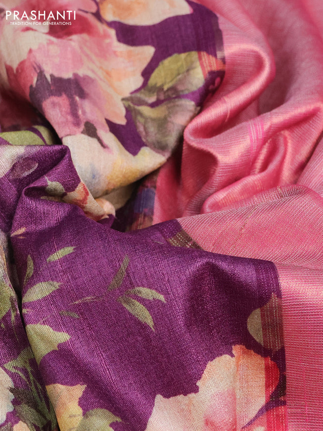 Pure tussar silk saree purple and pink with floral digital prints and temple design zari checked border
