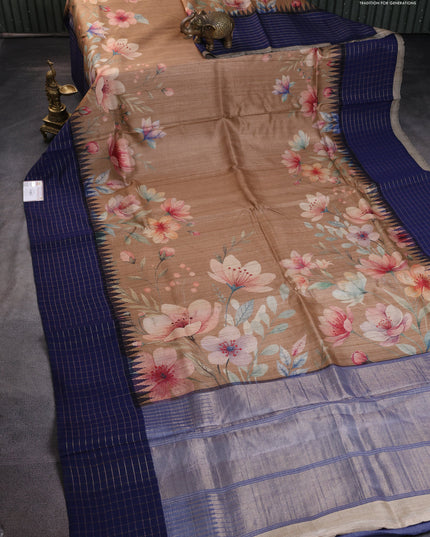 Pure tussar silk saree sandal and blue with floral digital prints and temple design zari checked border