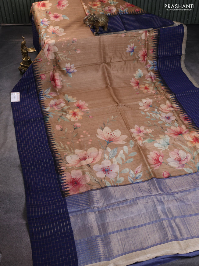 Pure tussar silk saree sandal and blue with floral digital prints and temple design zari checked border