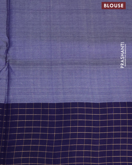 Pure tussar silk saree sandal and blue with floral digital prints and temple design zari checked border