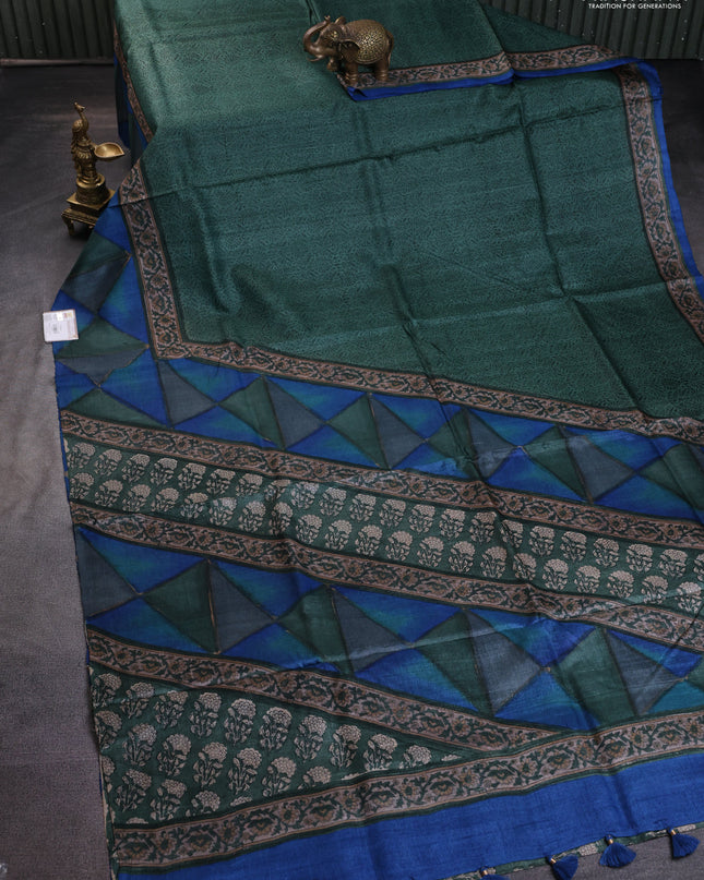 Pure tussar silk saree green and blue with allover prints and printed border