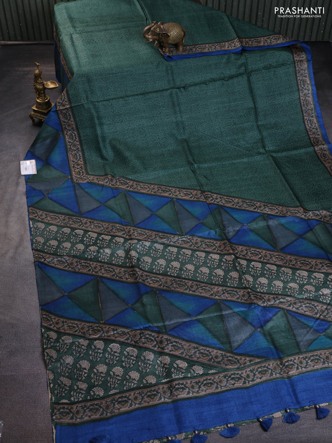 Pure tussar silk saree green and blue with allover prints and printed border