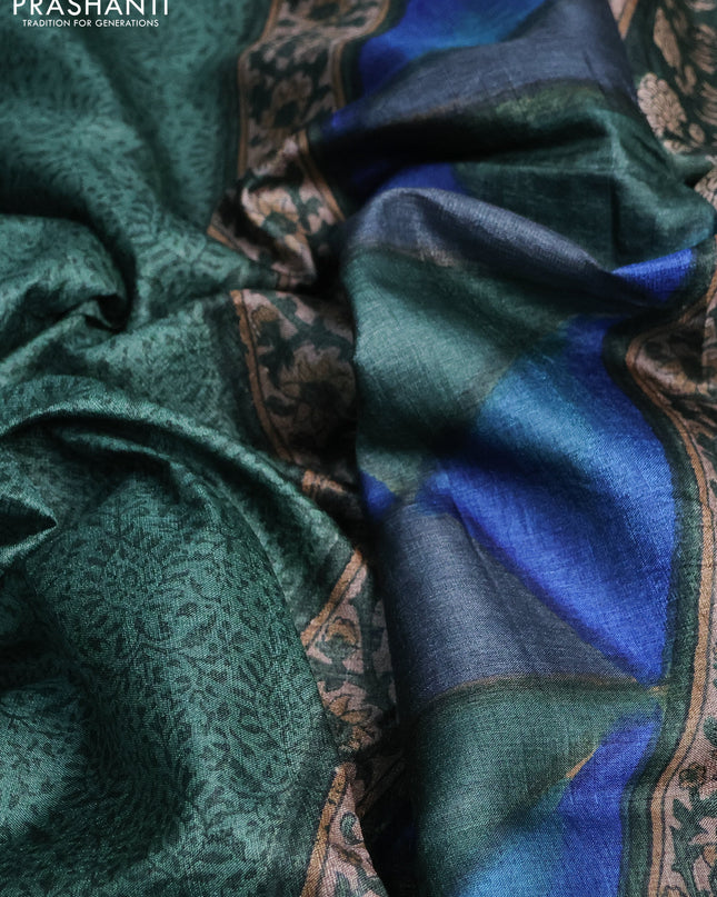 Pure tussar silk saree green and blue with allover prints and printed border