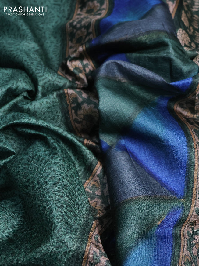 Pure tussar silk saree green and blue with allover prints and printed border