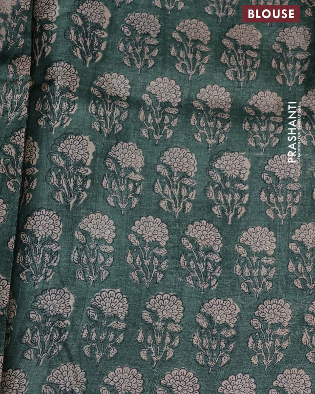 Pure tussar silk saree green and blue with allover prints and printed border