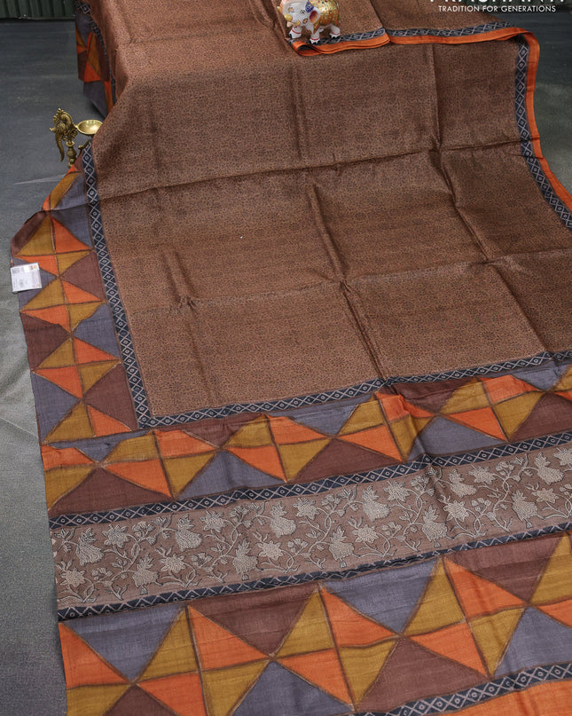 Pure tussar silk saree brown and multi colour with allover prints and printed border